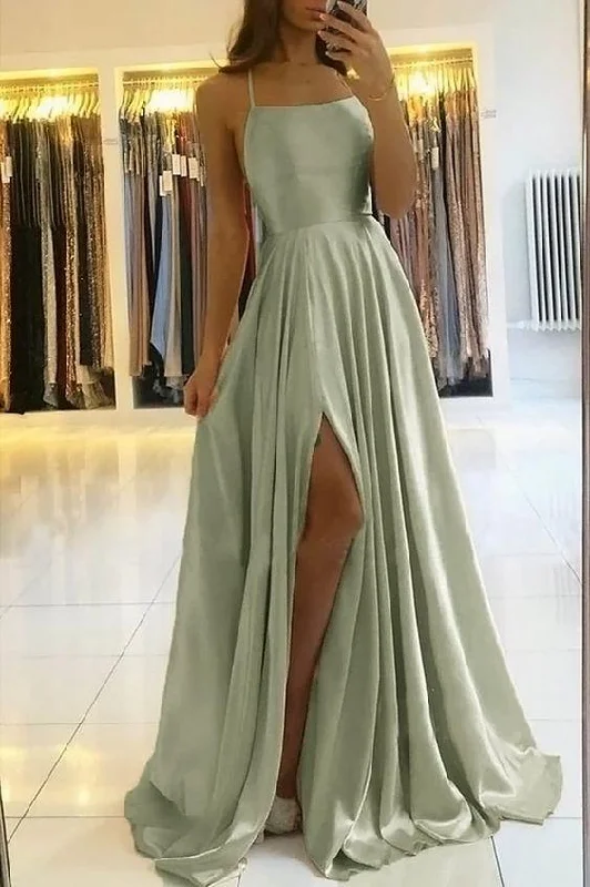 A-Line Spaghetti Straps Front Split Long Prom Dress C1909