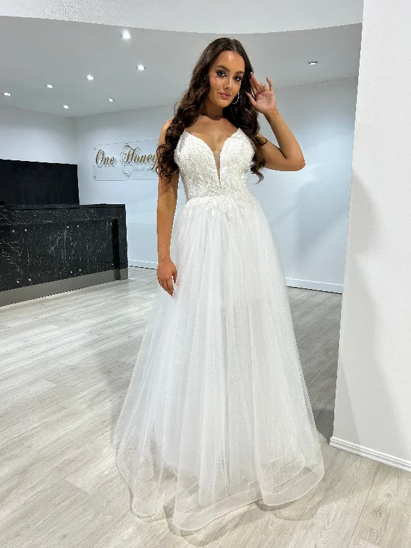 Honey Couture REAGAN Off White Beaded Tulle Skirt Formal Dress
