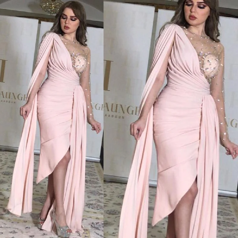 short evening dresses 2020 pink beaded crystals chiffon cheap mermaid evening gown formal dress vestido de festa