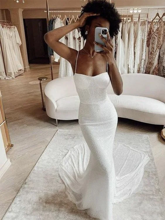 Mermaid Modest Spaghetti Straps Sparkly Long Beach Prom Dresses C2221