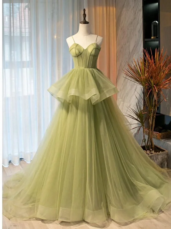 Sweetheart Neck Green Tulle Long Prom Dresses, Green Tulle Long Formal Graduation Dresses
