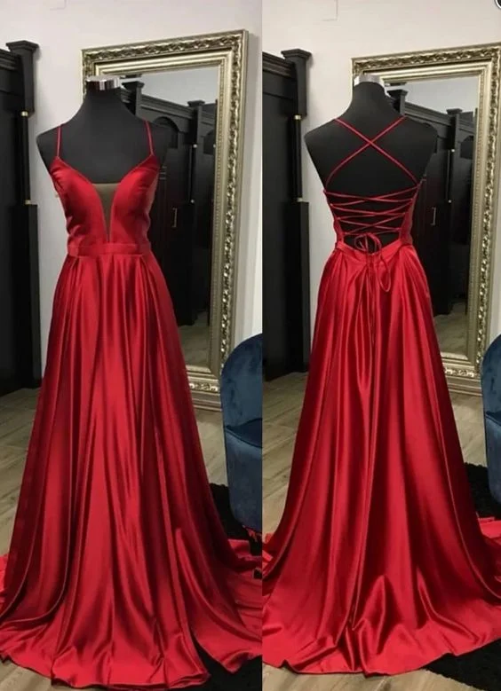Simple Red Elastic Satin Prom Dresses, Lace Up Prom Dresses, Popular Prom Dresses  C2275