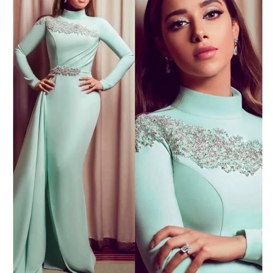 mint green high neck evening dresses long sleeve lace appliqué beaded modest evening gowns vestido de Longo
