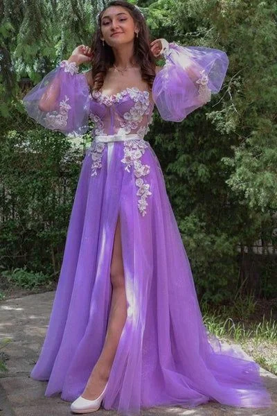 Lilac A line Long Sleeves Spaghetti Straps Prom Dresses with Side Slit, Appliques Dance Dress C2373