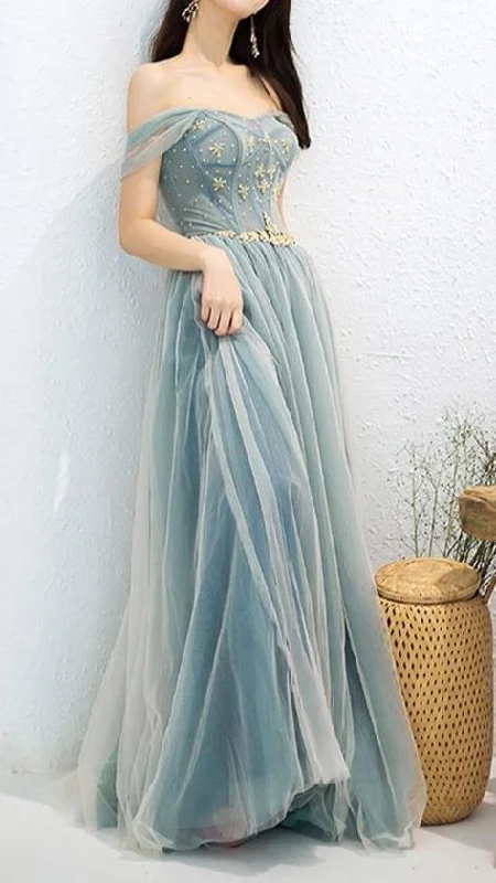 Elegant Off Shoulder A-Line Beaded Long Prom Dress With Appliques C2372