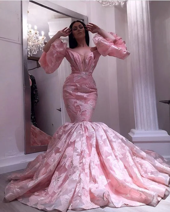 pink evening dresses long luxury embroidery appliqué mermaid flare sleeve elegant evening gown for women