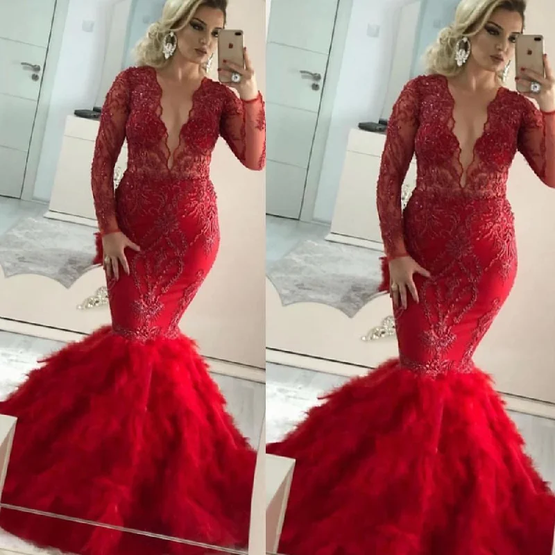 mother of the bride dresses 2020 lace appliqué red evening dresses long sleeve deep v neck beaded evening gown