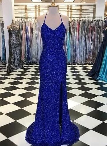 Chic Royal Blue Spaghetti Straps Backless Long Sheath Prom Dresses C2222