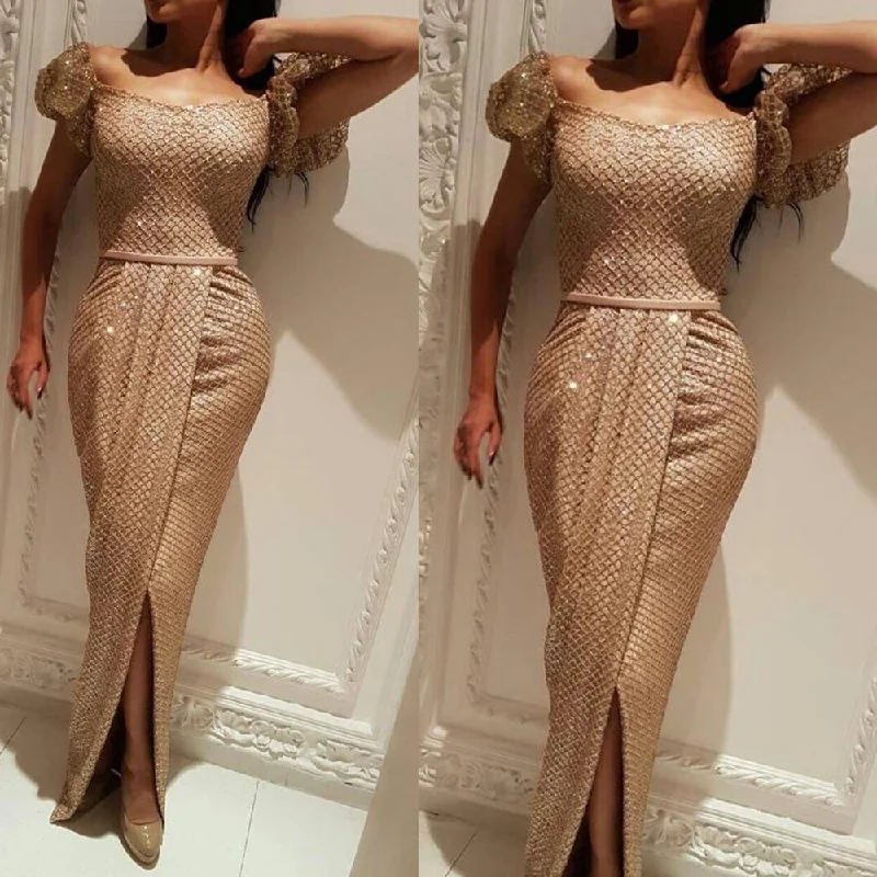 champagne sparkle evening dresses long mermaid short sleeve elegant evening formal gown 2020