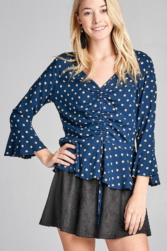 3/4 Sleeve Dot Print V-Neck Blouse w/ Shirring Detail & Flared Hem Peter Pan Collar Blouse