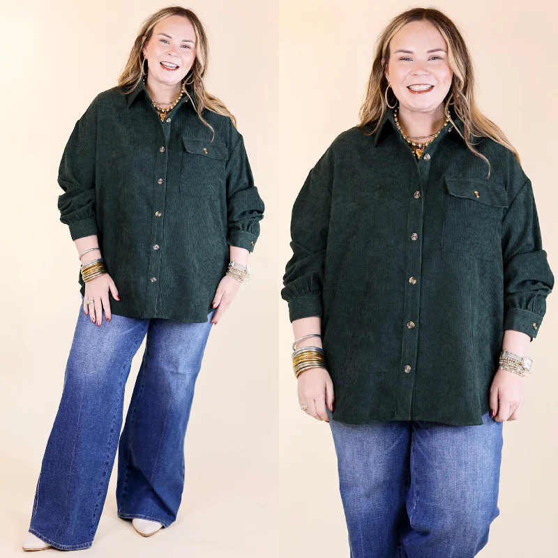 All Dolled Up Button Up Corduroy Shacket in Forest Green Slim Fit Blouse
