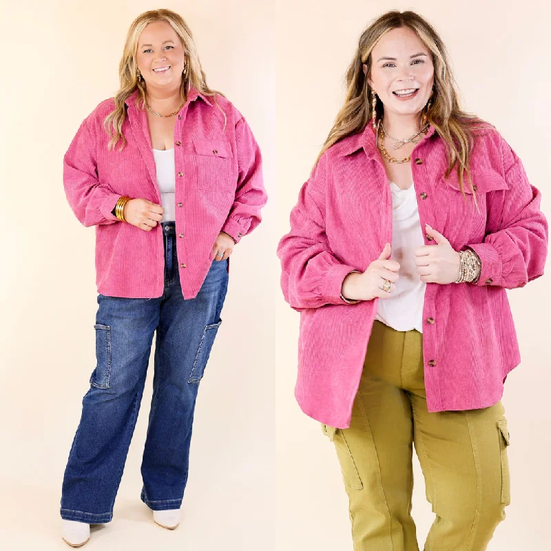 All Dolled Up Button Up Corduroy Shacket in Orchid Pink Stylish Wrap Blouse