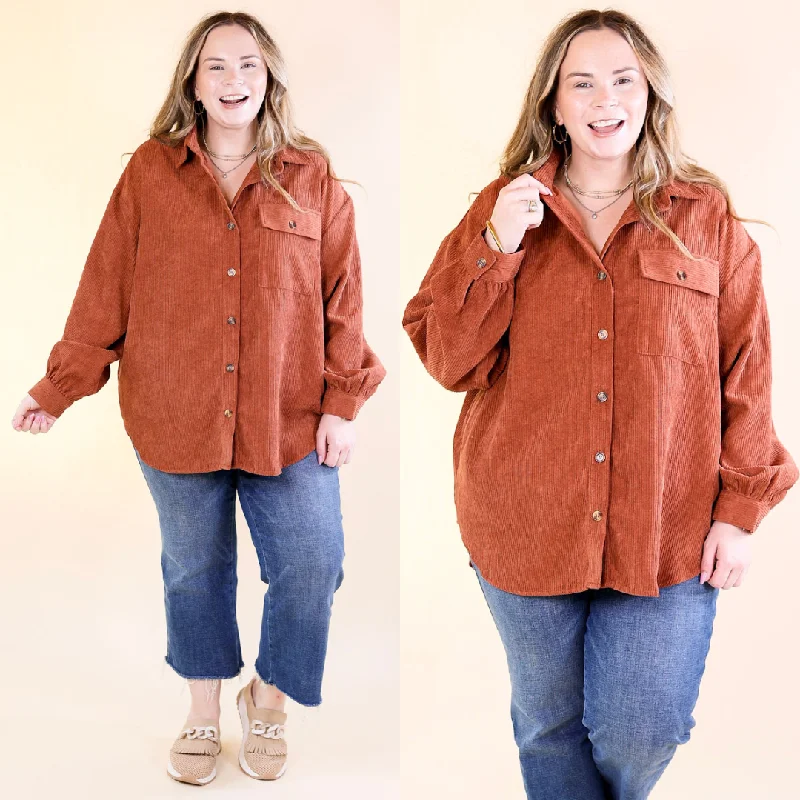 All Dolled Up Button Up Corduroy Shacket in Rust Brown Double-Layered Blouse