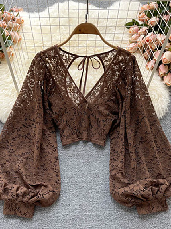 Autumn Black/White/Brown Sexy Lace Blouse Bell Sleeve Blouse