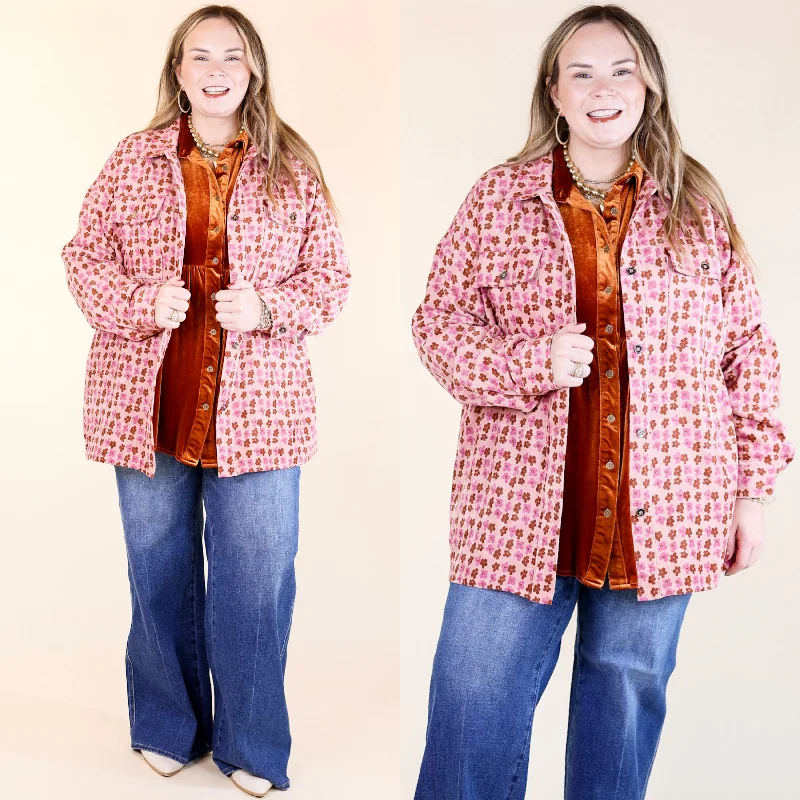 Autumn Brunch Floral Print Corduroy Shacket in Dusty Pink Elegant Office Blouse