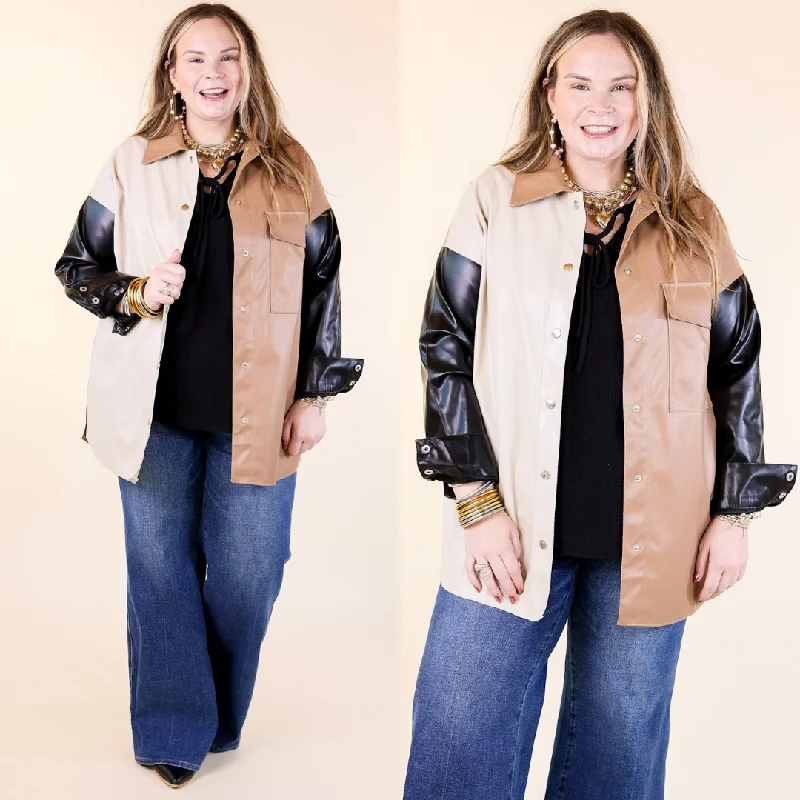 Autumn Event Faux Leather Color Block Shacket in Black Mix Chic Wrap Blouse