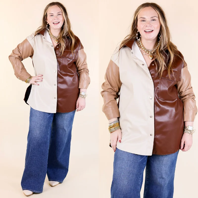 Autumn Event Faux Leather Color Block Shacket in Brown Mix Feminine Tie Blouse