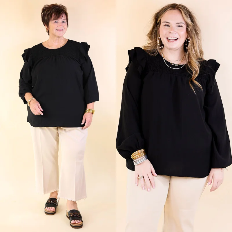 Balcony Nights Ruffle Shoulder Long Sleeve Blouse in Black Delicate Pleat Blouse