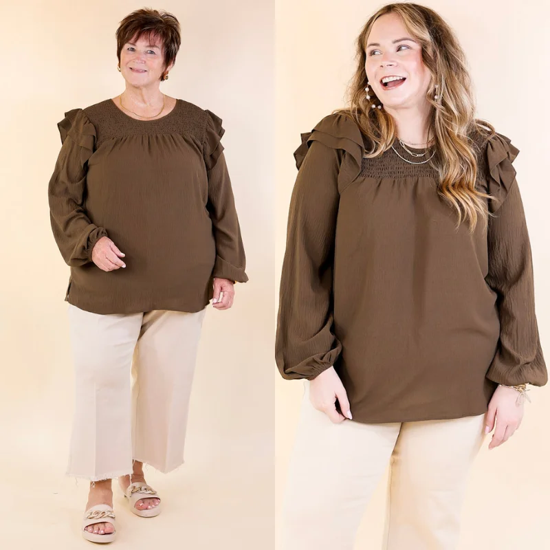 Balcony Nights Ruffle Shoulder Long Sleeve Blouse in Olive Brown Short Sleeve Blouse