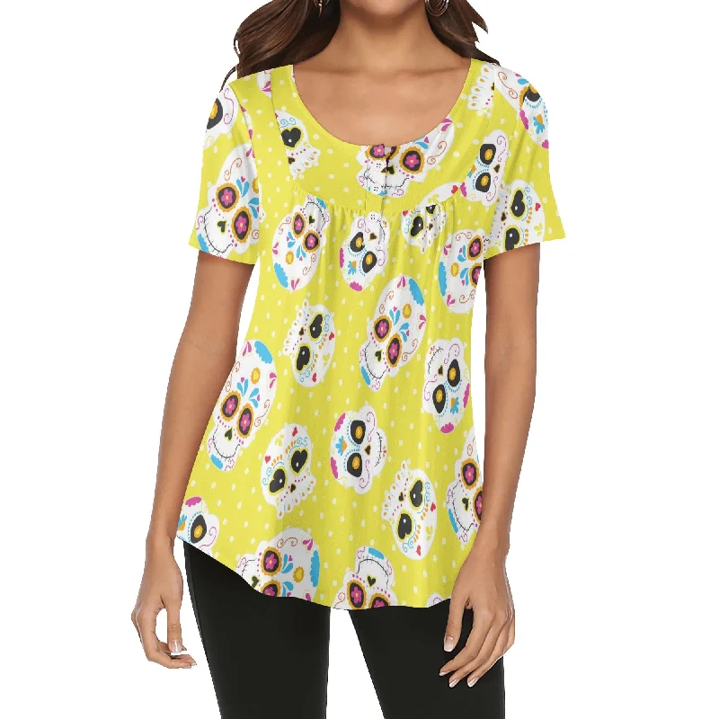 Be Bold & Express Yourself In The Captivating Women's Yellow Skulls V-neck Blouse Bell Sleeve Blouse