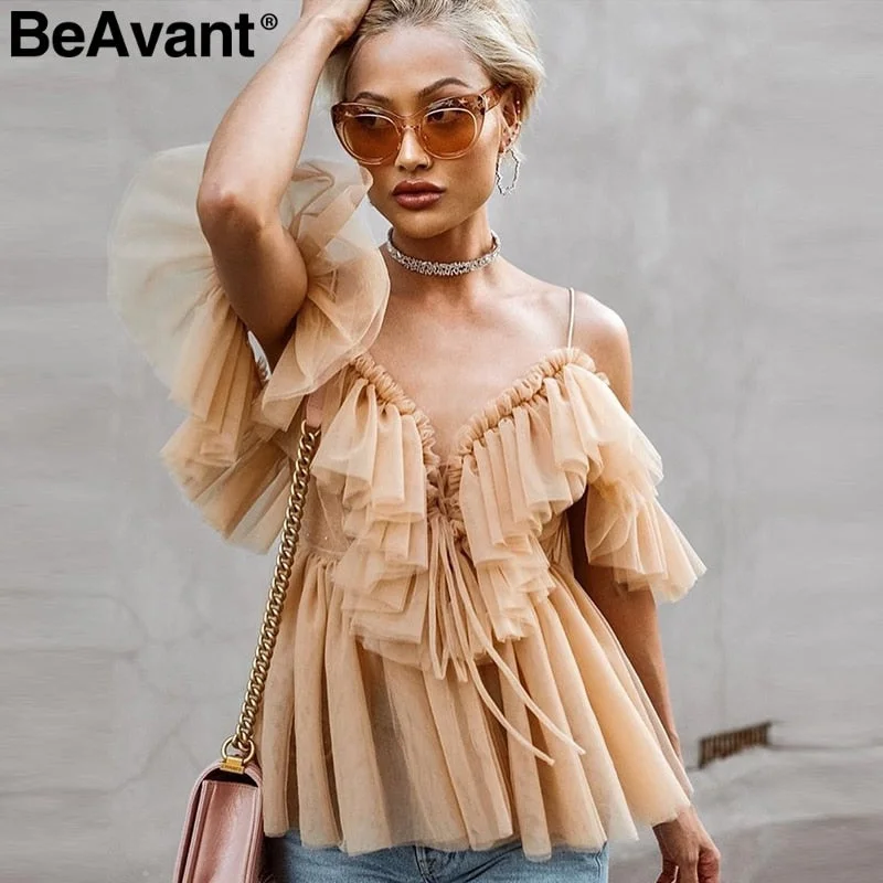 BeAvant Off shoulder Backless sexy peplum Vintage ruffle tops and blouses Lightweight Tunic Blouse