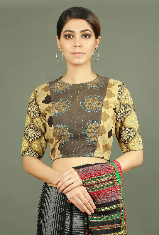 Beige Ajrakh Printed Pure Cotton Blouse Chic Sleeveless Blouse