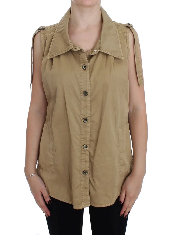 Beige Sleeveless Cotton Blouse Mandarin Collar Blouse