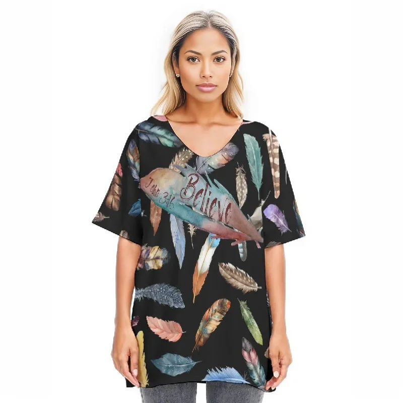 BELIEVE Black Feather Print Draped Sleeve Cotton Blouse Sweetheart Neck Blouse