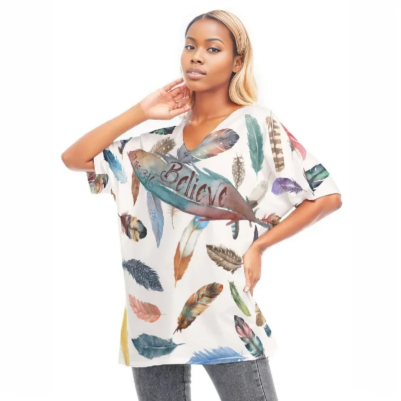BELIEVE White Feather Print Draped Sleeve Cotton Blouse Stylish Wrap Blouse