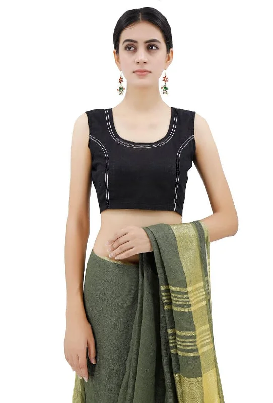 Black Blouse With Cotton Thread Stitch Lines Wrap Front Blouse