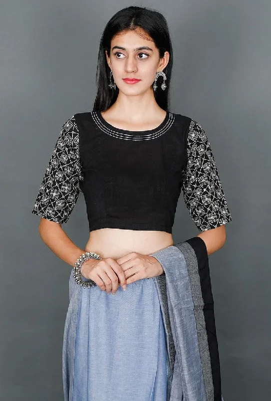 Black Blouse With White Kantha Embroiderey Soft Satin Blouse