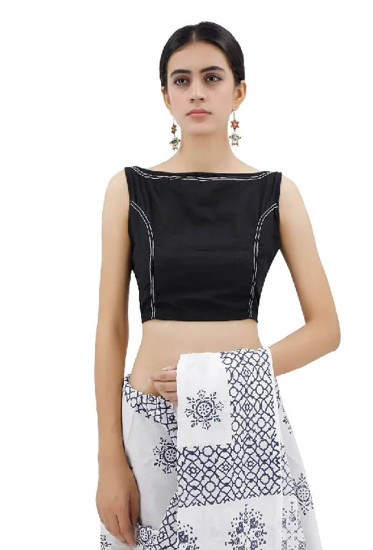 Black Boat Neck Blouse With Stitch Lines Chic Square Blouse