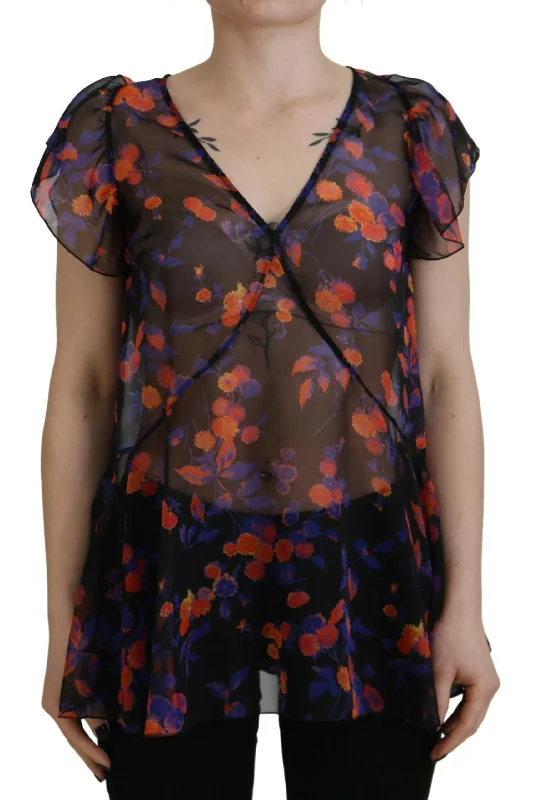 Black Floral Print Short Sleeves V-neck Blouse Top Peter Pan Blouse