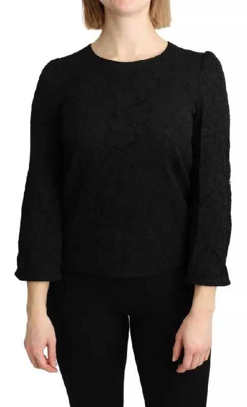 Black Lace Long Sleeves Blouse Staff Top Stretchy Fitted Blouse