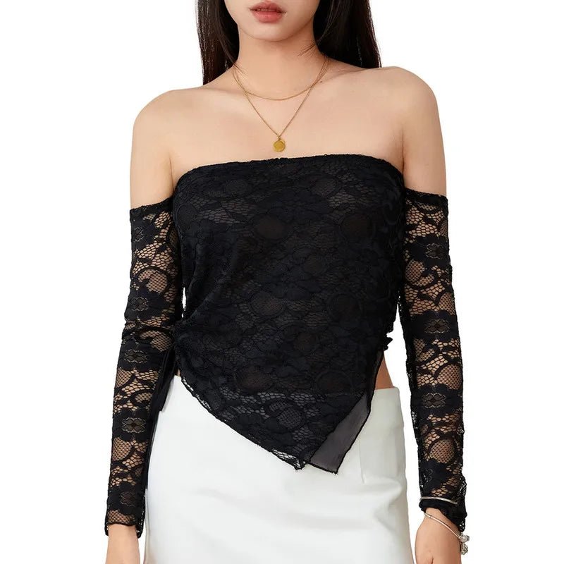 Black Lace Off-Shoulder Asymmetrical Blouse Casual Relaxed Blouse