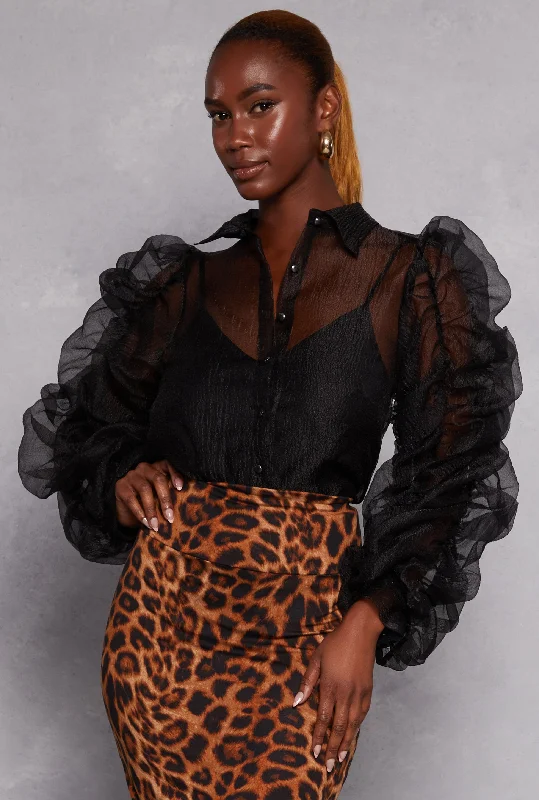 Organza Ruched Puff Sleeve Blouse Elegant Semi-Sheer Blouse