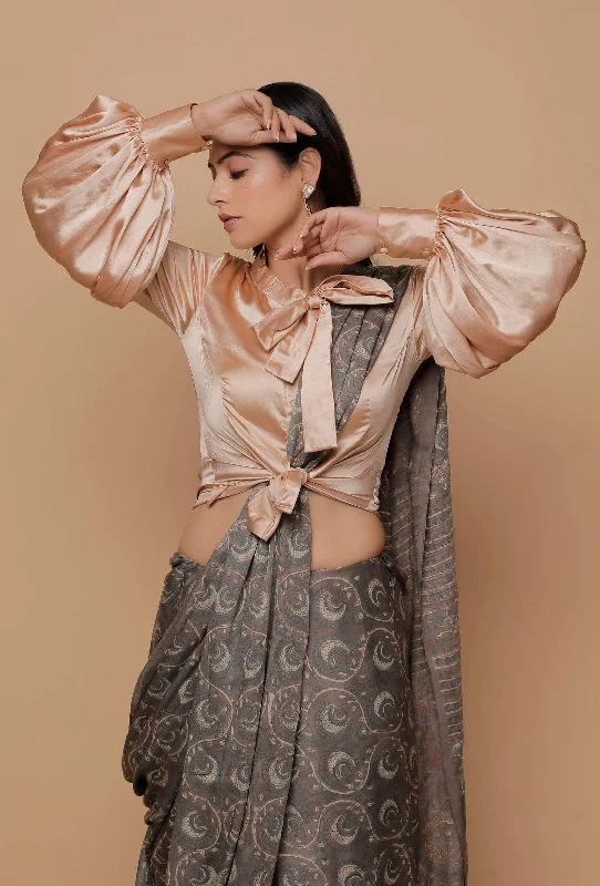Beige Organza Silk Sheer Puffed Sleeve Blouse Lightweight Chiffon Blouse