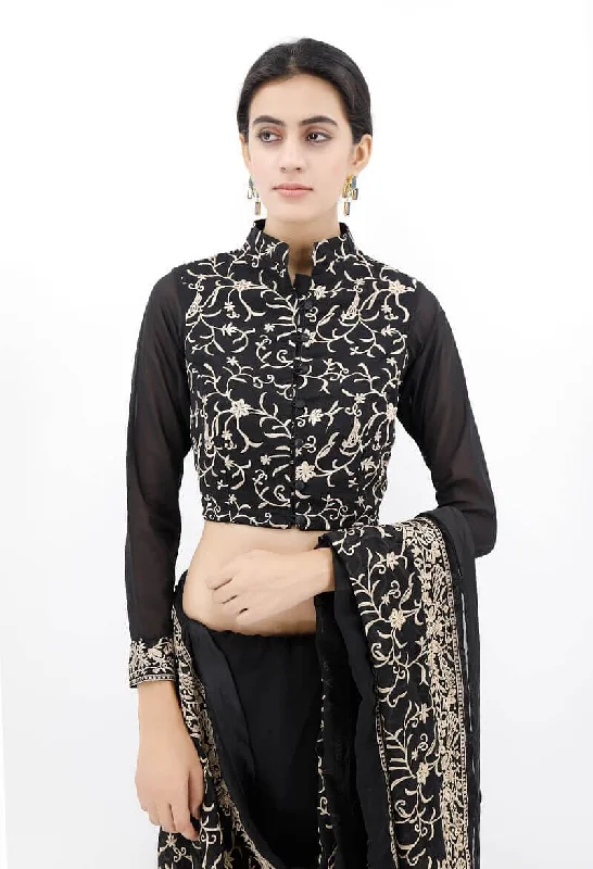 Black Parsi Embroidered Blouse With Sheer Sleeves Drape Neck Blouse