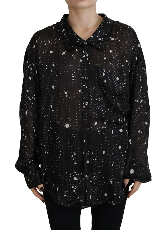 Black Polka Dots Collared Button Down Blouse Top Satin Drape Blouse