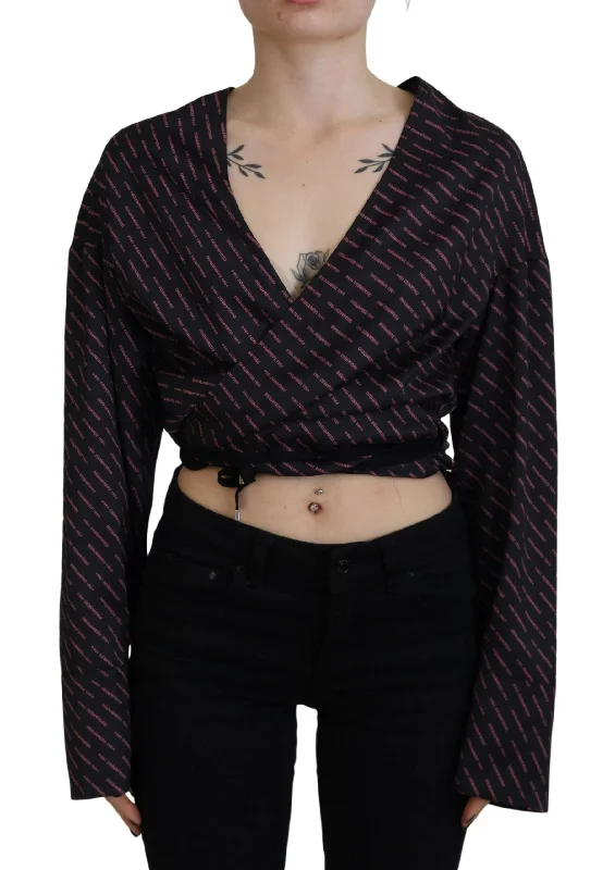 Black Polyester Cropped Logo Printed Blouse Top Business Casual Blouse