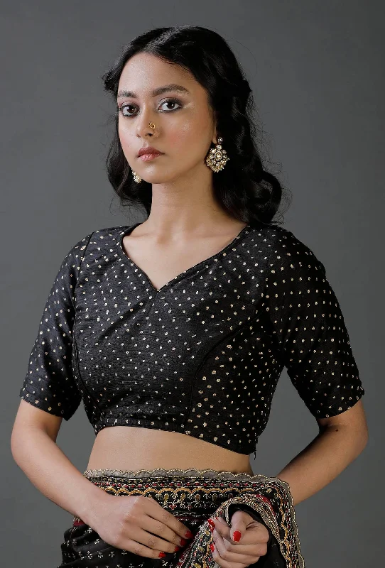 Black Raw Silk Block Printed Blouse Chic Ruffle Blouse
