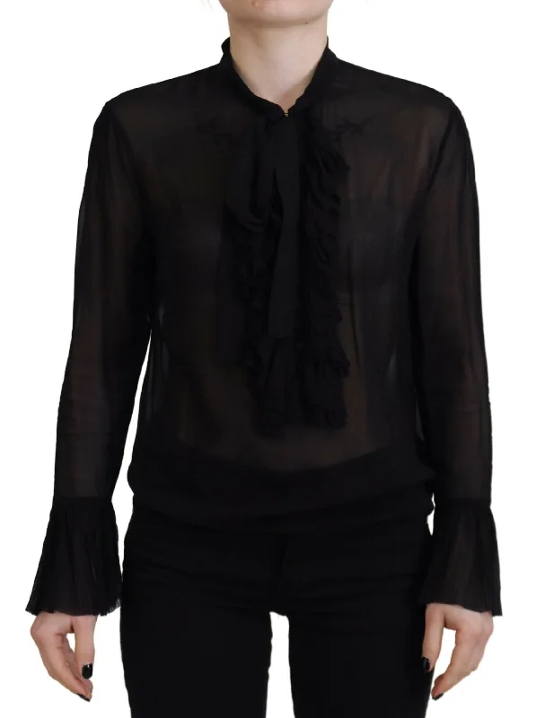 Black Viscose Long Sleeves See Through Blouse Top Feminine Puff Blouse