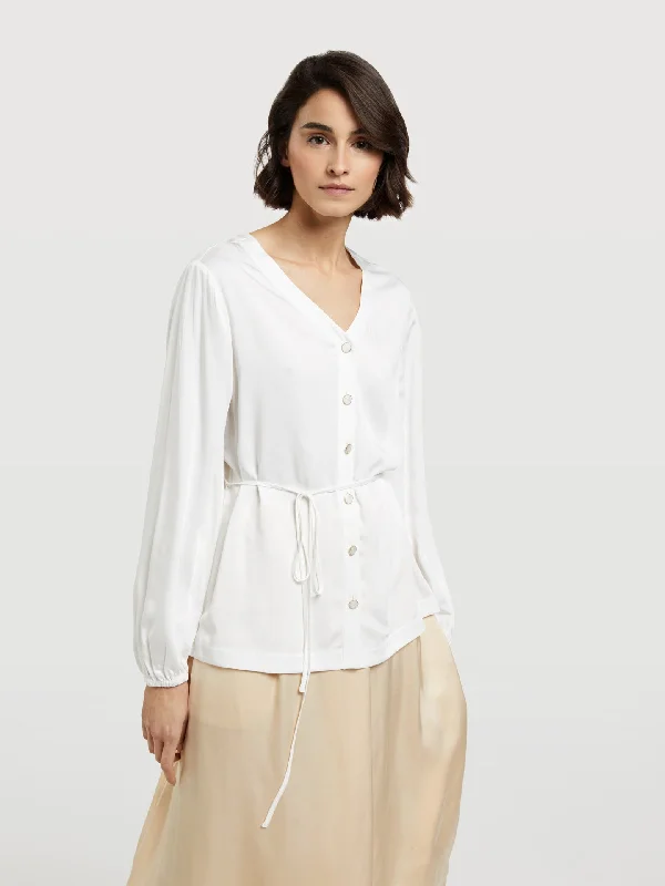 Blouse With Self-Fabric Belt Casual Stripe Blouse