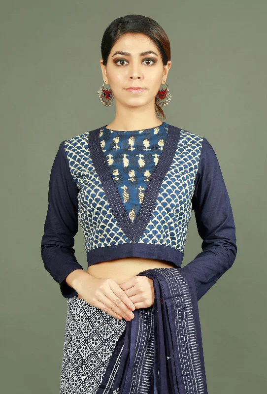 Blue Cotton Baghru Patchwork Blouse Backless Summer Blouse