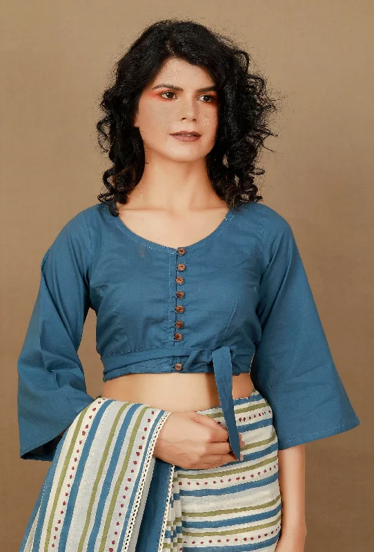Blue Cotton Front Tie Blouse Cotton Casual Blouse