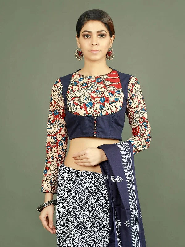 Blue Kalamkari Pure Cotton Blouse Frilled Cuff Blouse