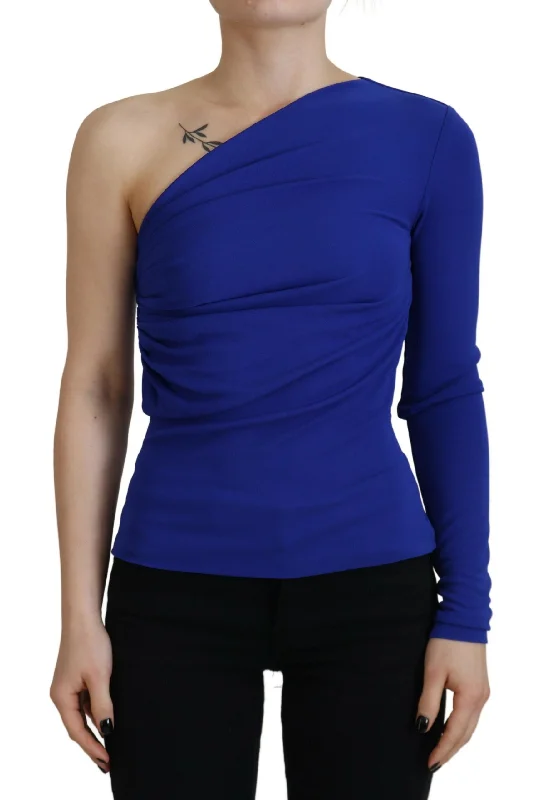 Blue Viscose One Shoulder Slim Fit Blouse Top Casual Stripe Blouse
