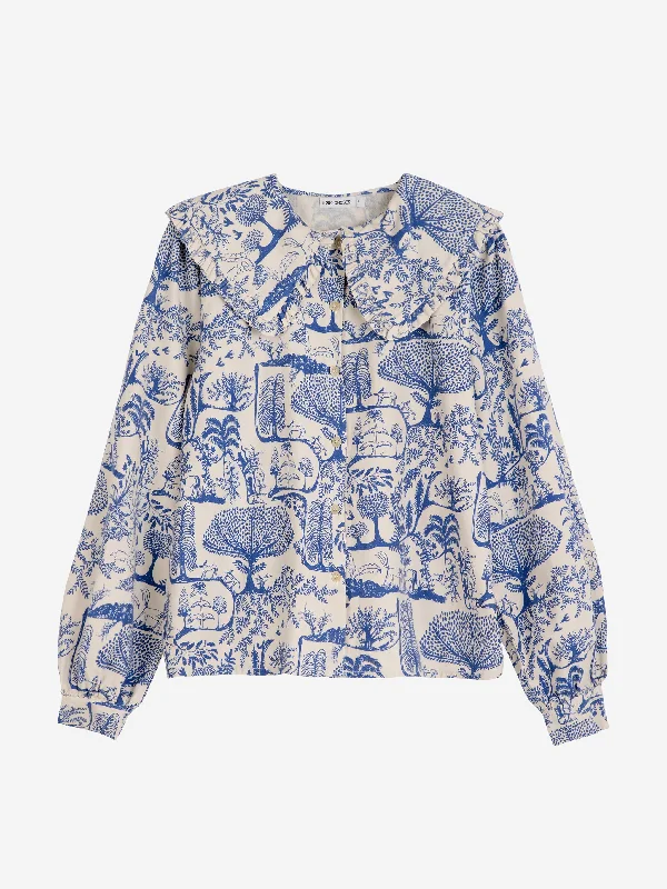 Bobo Choses Wonderland Printed Big Collar Blouse White Drape Neck Blouse