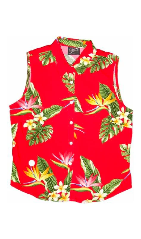 BOP Plumeria Ladies Hawaiian Sleeveless Blouse in Red Elegant Semi-Sheer Blouse