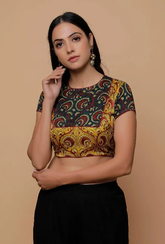 Bottle Green And Yellow  Printed Mashru Back Key Hole Blouse Collared Satin Blouse